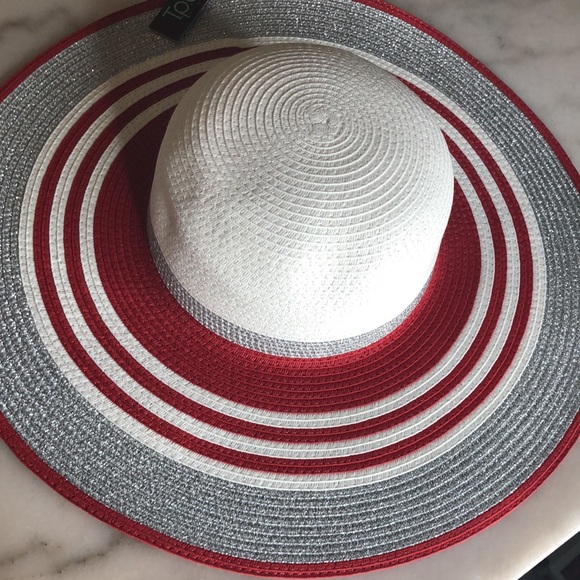 Red, white & silver floppy straw hat main image 6